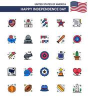 USA Happy Independence Day Piktogrammsatz aus 25 einfachen, flach gefüllten Linien aus Tagespapier Feuer USA American editierbare USA-Tag-Vektordesign-Elemente vektor
