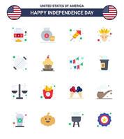 Lycklig oberoende dag 4:e juli uppsättning av 16 flats amerikan pictograph av bbq mat brand arbete tacksägelse amerikan redigerbar USA dag vektor design element