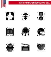 packung mit 9 usa unabhängigkeitstag feier solide glyphen zeichen und 4. juli symbole wie dekoration eingangsabzeichen tag türen editierbare usa tag vektor design elemente