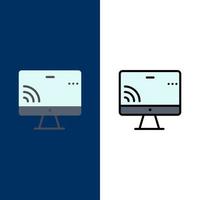 bildschirm monitor wifi symbole flach und linie gefüllt icon set vektor blauen hintergrund