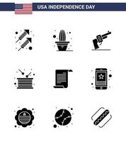 Große Packung mit 9 USA Happy Independence Day USA Vektor solide Glyphen und editierbare Symbole der Datei Unabhängigkeit Waffenfeiertag Tag editierbare USA Tag Vektor Design Elemente