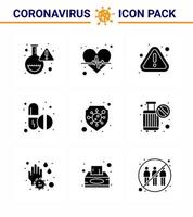 Coronavirus-Bewusstseinssymbol 9 solide Glyphe schwarze Symbole Symbol enthalten Sicherheitskapsel Fehler Tabletten Medizin virales Coronavirus 2019nov Krankheitsvektor Designelemente vektor