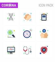 Corona-Virus-Krankheit 9 flaches Farbsymbolpaket saugt als Uhrensicherheit klinische Aufzeichnung Schutzbakterien virales Coronavirus 2019nov Krankheitsvektor-Designelemente vektor