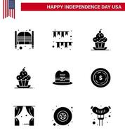 Happy Independence Day Pack mit 9 soliden Glyphen Zeichen und Symbolen für amerikanische Hutdekoration Thanksgiving Muffin editierbare Usa Day Vektordesign-Elemente vektor