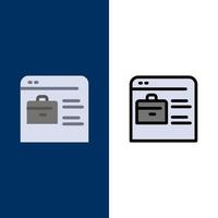 Tasche finden Job Job Website Online-Portfolio-Icons flach und Linie gefüllt Icon-Set Vektor blauen Hintergrund