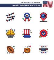 4. juli usa glücklicher unabhängigkeitstag symbol symbole gruppe von 9 modernen flach gefüllten linien von präsidenten tag standort kuchen muffin editierbare usa tag vektor design elemente