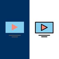 Video-Play-Youtube-Icons flach und Linie gefüllt Icon Set Vektor blauer Hintergrund
