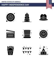 Lycklig oberoende dag 4:e juli uppsättning av 9 fast glyfer amerikan pictograph av USA hatt keps dag video redigerbar USA dag vektor design element
