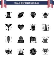 Lycklig oberoende dag packa av 16 fast glyfer tecken och symboler för frankfurter firande amerikan ljuv kaka redigerbar USA dag vektor design element