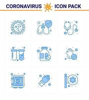 Coronavirus-Prävention Set Icons 9 blaues Symbol wie Medizinflasche Labor Gesundheitswesen Röhren Chemie virales Coronavirus 2019nov Krankheitsvektor Designelemente vektor