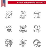 glücklicher unabhängigkeitstag usa paket mit 9 kreativen linien der dekoration amerikanisches gebäude grill grill bearbeitbare usa tag vektor design elemente