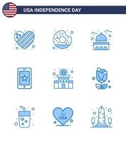 Happy Independence Day 9 Blues Icon Pack für Web- und Print-Gebäude Zellgebäude Telefon weiß editierbare usa-Tag-Vektor-Design-Elemente vektor