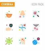 9 Flachfarben-Virus-Corona-Icon-Pack wie DNA-Schutzbakterien Handsuche Virus-Coronavirus 2019nov-Krankheitsvektor-Designelemente vektor