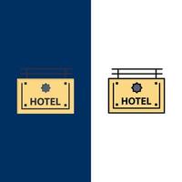 Hotel Schild Richtung Symbole flach und Linie gefüllt Symbolsatz Vektor blauen Hintergrund