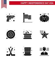 Happy Independence Day Pack mit 9 soliden Glyphen Zeichen und Symbolen für Sticks Drum Food Zeichen Polizei editierbare Usa Day Vektor Design Elemente