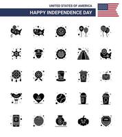 glücklicher unabhängigkeitstag 4. juli satz von 25 festen glyphen amerikanischen piktogrammen von bloon party vogeltag luftballons editierbare usa tag vektor design elemente