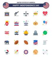 Happy Independence Day Pack mit 25 flachen Zeichen und Symbolen für American Heart Court Meal Burger editierbare Usa-Day-Vektordesign-Elemente vektor
