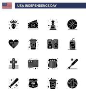 gruppe von 16 soliden glyphen, die für den unabhängigkeitstag der vereinigten staaten von amerika festgelegt wurden, wie flag love award heart sports editable usa day vector design elements