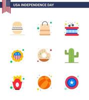 flache Packung mit 9 Usa-Unabhängigkeitstag-Symbolen von leckeren Donut-Trommel-Flaggen-Sicherheit editierbaren Usa-Tag-Vektordesign-Elementen vektor