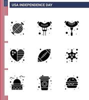 glücklicher unabhängigkeitstag 4. juli satz von 9 soliden glyphen amerikanisches piktogramm des militärs usa herz sportball editierbare usa tag vektor design elemente