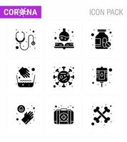 Corona-Virus-Krankheit 9 solides Glyphen-Schwarz-Icon-Pack saugt, während sich die Epidemie ausbreitet Medizinflasche Corona medizinisches virales Coronavirus 2019nov-Krankheitsvektor-Designelemente vektor