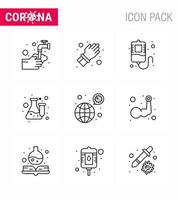 9-zeiliges Virenvirus-Corona-Icon-Pack wie weltweite Laborpflege Laborchemie Virus-Coronavirus 2019nov-Krankheitsvektor-Designelemente vektor