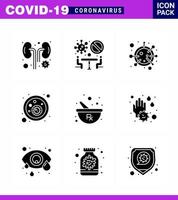 Coronavirus 9 Solid Glyph Black Icon Set zum Thema Corona-Epidemie enthält Icons wie Schüssel Covid-Virus Bakterien Mikroorganismus virales Coronavirus 2019nov Krankheit Vektordesign-Elemente vektor