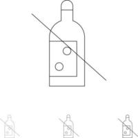 alkohol flaska förbjuden Nej whisky djärv och tunn svart linje ikon uppsättning vektor
