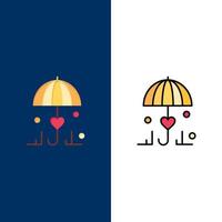 försäkring paraply säkra kärlek ikoner platt och linje fylld ikon uppsättning vektor blå bakgrund