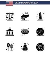 9 solide Glyph-Zeichen für Usa-Unabhängigkeitstag-Hot-Dog-amerikanische Wahrzeichen-Flagge Washington editierbare Usa-Tag-Vektordesign-Elemente vektor