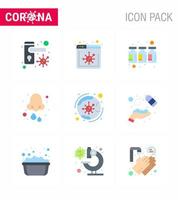 Symbol für Coronavirus-Vorsichtstipps für die Präsentation von Gesundheitsrichtlinien 9 flache Farbsymbolpakete wie Virennasenmedikamente Gesundheit Erkältung Virus-Coronavirus 2019nov-Krankheitsvektor-Designelemente vektor
