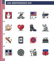 16 flach gefüllte Linienzeichen für USA-Unabhängigkeitstag Runde Waffentag Armeegewehr editierbare USA-Tag-Vektordesign-Elemente vektor