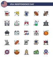 4. juli usa glücklicher unabhängigkeitstag symbol symbole gruppe von 25 modernen flach gefüllten linien von sport ball getränk american ball rugby editierbare usa tag vektor design elemente