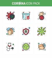 Corona-Virus-Krankheit 9 gefüllte Linie flaches Farb-Icon-Pack saugt als Schutzwaschbakterien medizinische Gesundheitsversorgung virales Coronavirus 2019nov Krankheitsvektor-Designelemente vektor