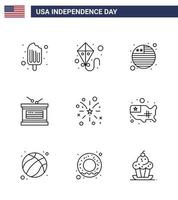 Line Pack mit 9 Usa-Unabhängigkeitstag-Symbolen von Usa-Feuerfahnen-Feuerwerk-Unabhängigkeit editierbare Usa-Tag-Vektordesign-Elemente vektor