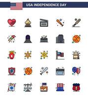 Aktienvektor-Icon-Pack mit amerikanischen Tag 25 flach gefüllten Linienzeichen und Symbolen für Usa-Fledermaus Thanksgiving Baseball Usa editierbare Usa-Tag-Vektordesign-Elemente vektor