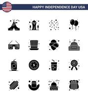 große packung mit 16 usa glücklicher unabhängigkeitstag usa vektor solide glyphen und editierbare symbole von gläsern party feuerwerkstag luftballons editierbare usa tag vektor design elemente