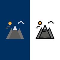 landskap berg Sol ikoner platt och linje fylld ikon uppsättning vektor blå bakgrund