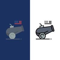 Big Gun Kanone Haubitze Mörser Symbole flach und Linie gefüllt Icon Set Vektor blauen Hintergrund