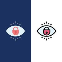 Auge Internet Security Lock Symbole flach und Linie gefüllt Icon Set Vektor blauen Hintergrund