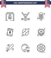 Stock Vektor Icon Pack von American Day 9 Zeilenzeichen und Symbolen für United Baseball Cream American Love editierbare Usa Day Vektor Design Elemente