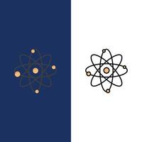 Atom Chemie Molekül Labor Symbole flach und Linie gefüllt Symbolsatz Vektor blauen Hintergrund