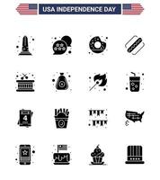 Packung mit 16 kreativen USA-Unabhängigkeitstag-bezogenen soliden Glyphen von Trommel-Hotdog-Chat-Blase amerikanisches Essen editierbare USA-Tag-Vektordesign-Elemente vektor