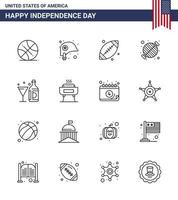 Linienpackung mit 16 Usa-Unabhängigkeitstag-Symbolen von Getränk-Grill-Ball-BBQ-Lebensmitteln editierbare Usa-Tag-Vektordesign-Elemente vektor