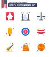 Happy Independence Day Pack mit 9 flachen Zeichen und Symbolen für Dollar-Eiscreme usa Food Scale editierbare usa-Tag-Vektordesign-Elemente vektor