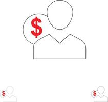 klient användare kostar anställd finansiera pengar person djärv och tunn svart linje ikon uppsättning vektor