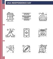 satz von 9 modernen linien pack auf usa unabhängigkeitstag telefon amerikanisches denkmal lagerzelt frei editierbare usa tag vektor design elemente