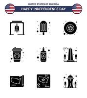 Happy Independence Day Pack mit 9 soliden Glyphen Zeichen und Symbolen für Denkmal Wein Militärflasche Getränk editierbare Usa Day Vektor Design Elemente