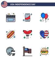 Lycklig oberoende dag USA packa av 9 kreativ platt fylld rader av hjärta frankfurter fira mat varmkorv redigerbar USA dag vektor design element