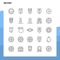 Set von militärischen Liniensymbolen Set 25 Symbole Vektor Minimalismus Stil Design schwarze Symbole Set lineares Piktogrammpaket